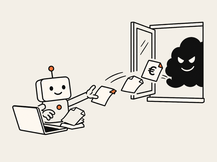 A robot at a laptop tossing documents out of a window toward a shady cloud