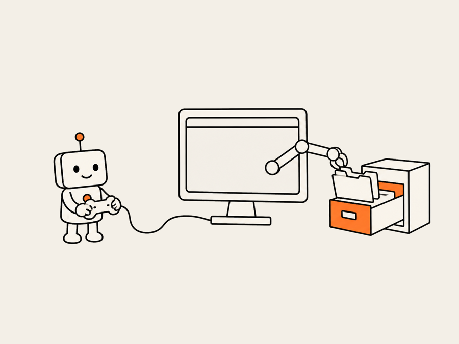 A robot with a game controller remote-controls a computer whose screen arm pulls files from a cabinet