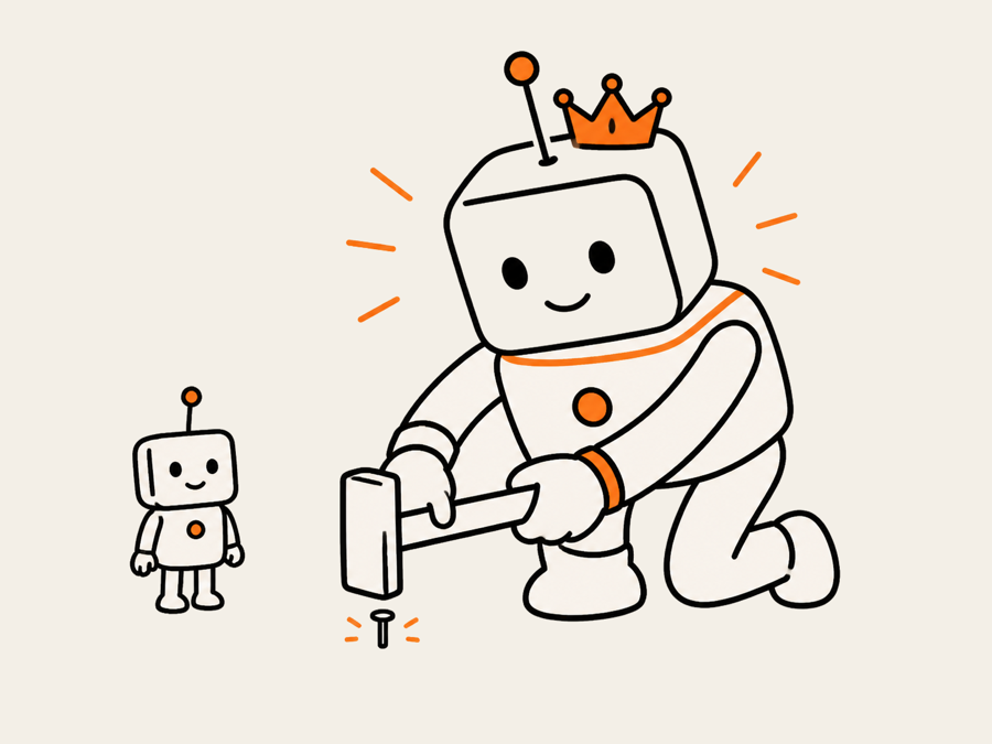 A large crowned robot hammering a tiny nail while a small robot stands idle