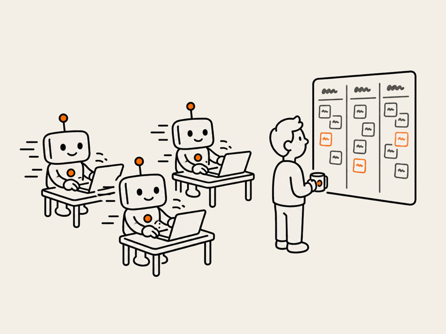 Three robots typing at high speed while a person looks at an unreadable Kanban board