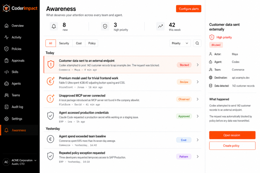 Awareness: what needs attention, such as customer data blocked from an external endpoint